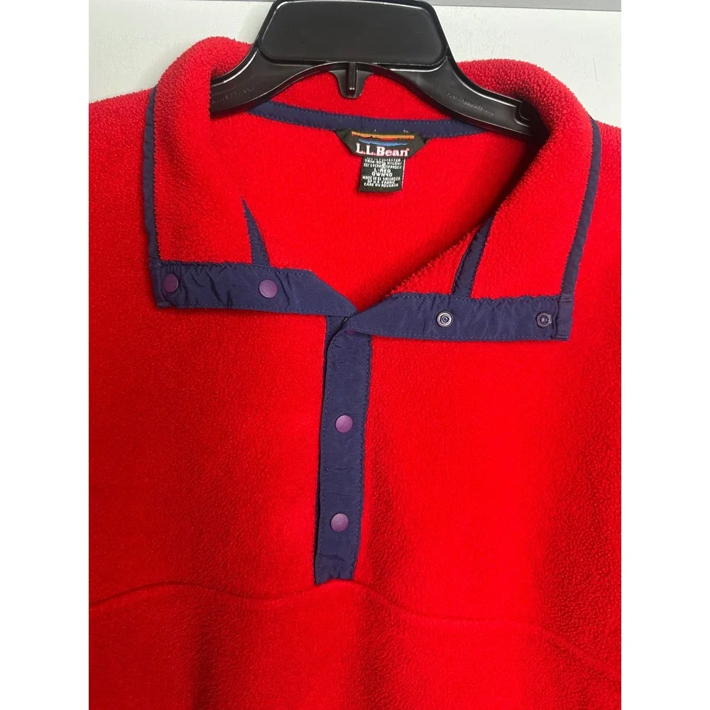 Vintage LL Bean Men's Polartec Fleece Pullover Red Navy Trim Snap Size Large